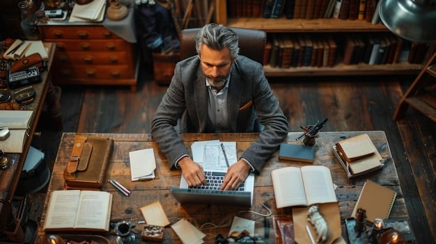 A focused grant writer working on a computer, surrounded by documents and research materials, emphasizing the dedication and effort required to craft a successful grant proposal for animal rescue funding.