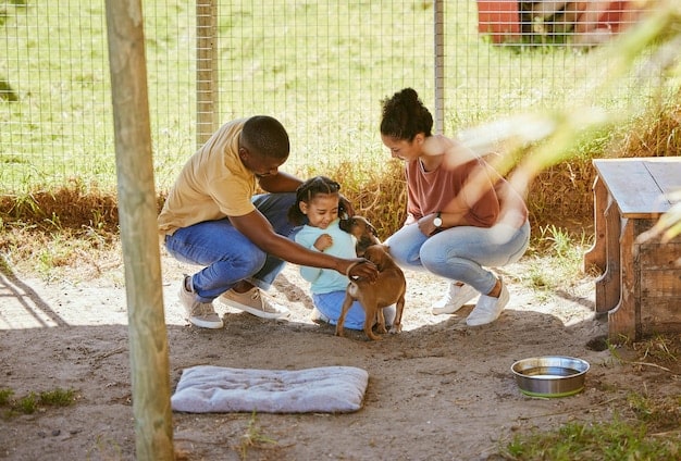 Volunteers leading an educational workshop for children at an animal shelter, teaching them about responsible pet ownership using interactive games and demonstrations.