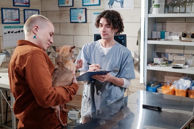 A rescue organization representative shaking hands with a veterinarian in the veterinarian's office, both smiling and looking positive about their new partnership.