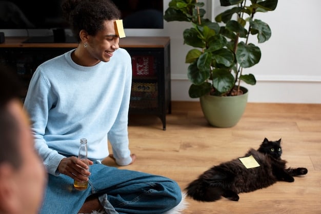 A slightly high-angle shot of a foster parent carefully administering medication to a cat in a cozy living room. The cat appears calm and trusting, and the foster parent is using a gentle touch. The room is well-lit and features comfortable furniture.