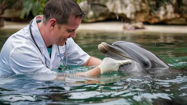 A marine biologist examining a rescued dolphin pup, showcasing the care and attention given to these animals. The image should illustrate the dedication and expertise involved in marine mammal conservation.