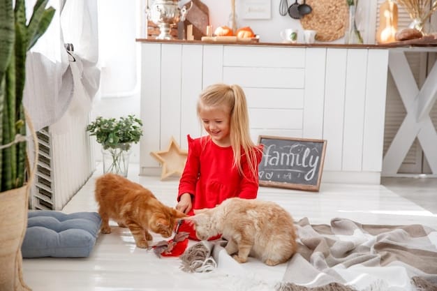 A small, fluffy golden retriever puppy, about 8 weeks old, being gently held and petted by a smiling child in a bright living room with toys scattered around.