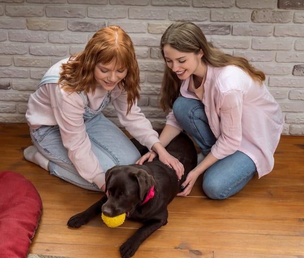 A group of puppies, including a beagle, a labrador, and a terrier mix, sitting calmly on a colorful mat during a puppy socialization class, with a trainer nearby offering treats.