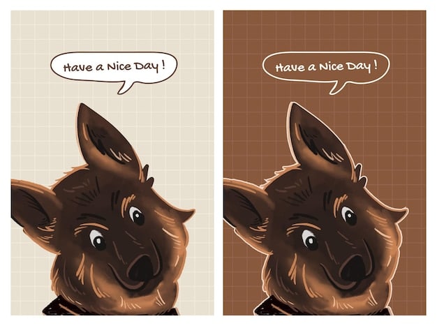 An illustration comparing wolf and dog facial expressions. The image highlights subtle differences in ear position, mouth shape, and eye contact to communicate various emotions such as aggression, submission, and happiness.