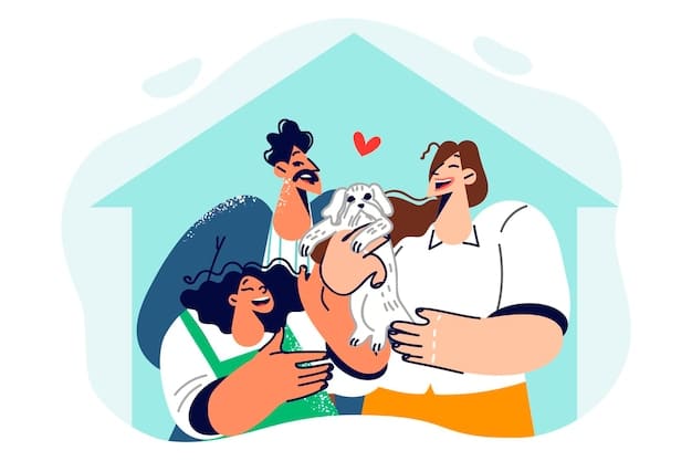 A smiling family happily adopting a dog from an animal shelter, with shelter staff present and supportive, illustrating the positive impact of adoption programs on both animals and people.