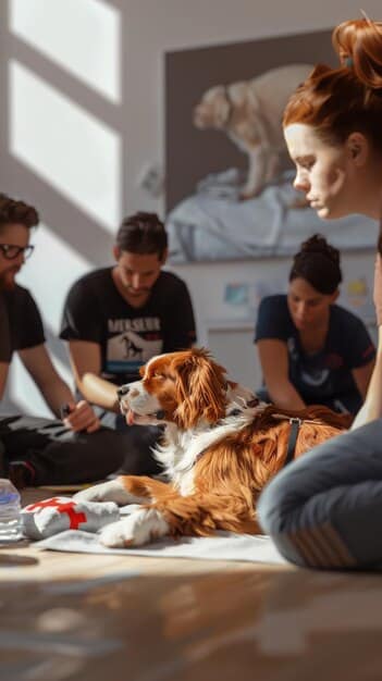An animal shelter staff meeting in a brightly lit room. The staff members are actively participating in a discussion, with one person presenting on a whiteboard. The atmosphere appears collaborative and supportive.