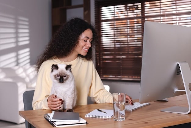 A friendly insurance agent sitting at a desk, discussing policy options with a representative from the animal shelter. They are looking at documents and smiling.