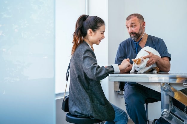 A veterinarian is explaining to a new pet owner the importance of regular check-ups and vaccinations for their kitten. The owner is taking notes and asking questions, showing their commitment to providing proper care for their new pet. The veterinary clinic is clean and professional.