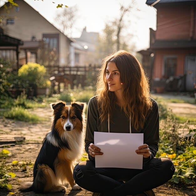 A volunteer at an animal shelter holding a clipboard, meticulously noting down details about a rescued puppy. In the background, other volunteers are engaged in care activities, highlighting organized record-keeping within a rescue.