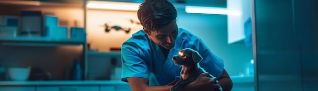 A veterinarian comforting a small dog during a check-up, surrounded by soft, reassuring lighting, emphasizing professional care for pet well-being.