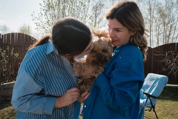 A family hugging their dog, reunited at a pet-friendly evacuation center after a natural disaster, with a smiling shelter volunteer in the background.