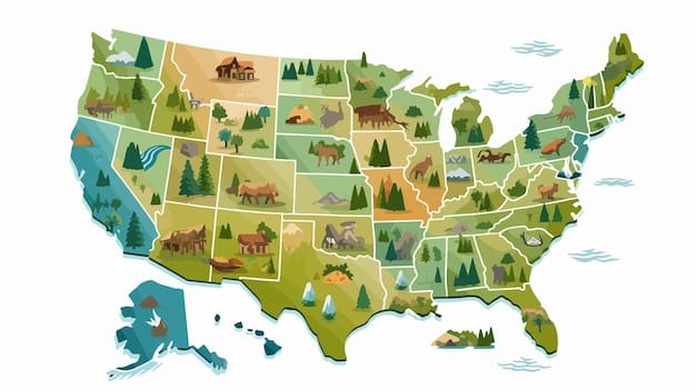Map of the United States with various wildlife corridors highlighted in green, indicating areas where multiple species are being rehabilitated or conserved, surrounded by a faint, futuristic digital overlay.