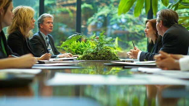 A group of environmental lawyers and policy experts in a serious discussion, reviewing complex legal documents on a large table, with a nature-themed background.